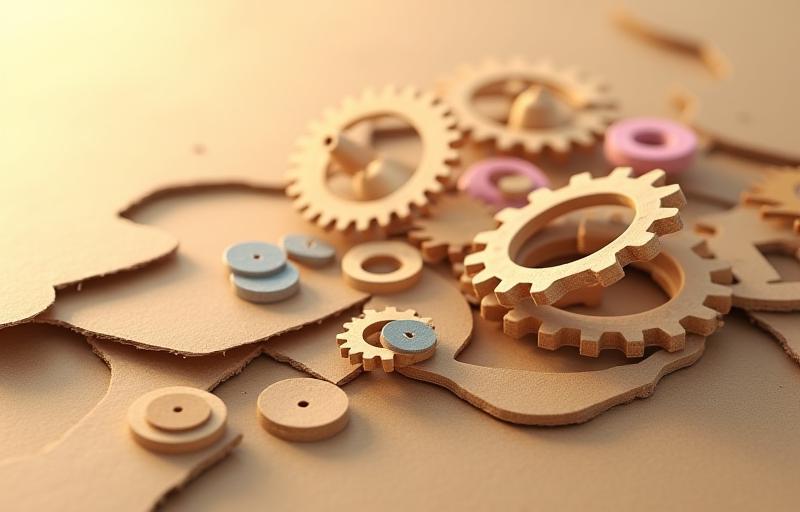 Abstract illustration of layered cardboard textures with floating wooden gears representing automation
