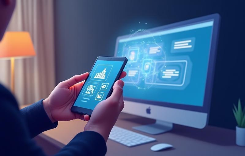 Person pointing a smartphone at a website element showing an interactive AR overlay visualization