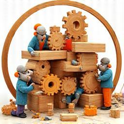 Illustration of characters building a structure with large wooden blocks and gears