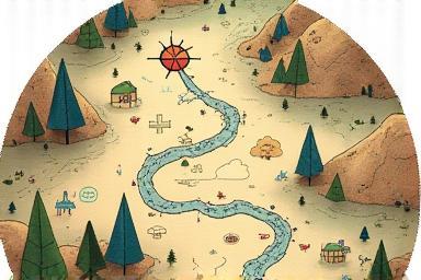 Illustration of a storybook map leading through a landscape of digital elements