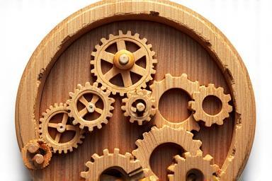 Illustration of complex wooden gears turning smoothly in a structured workflow